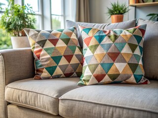 Soft cushions in a geometric pattern of squares and triangles on a comfortable fabric sofa in a living room.