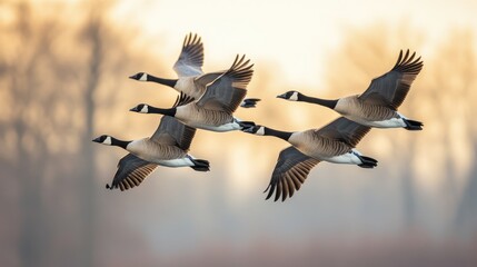 Obraz premium Canadian Geese Flying in Formation at Sunset
