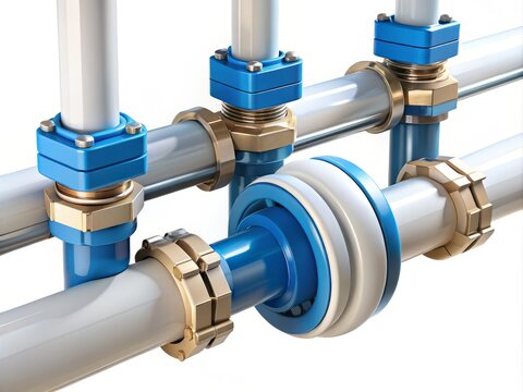 "Schematic illustration of a water piping system showing an IPex pipe joint assembly connecting PVC pipes with corrosion-resistant fittings and gripping bands."