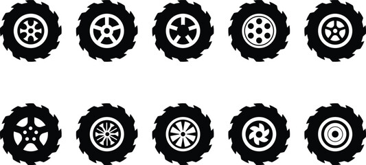 Set of rubber wheel tire icon. Motorcycle racing wheel tire, automobile icon, tract or bus rubber wheel tire set. Car tire
