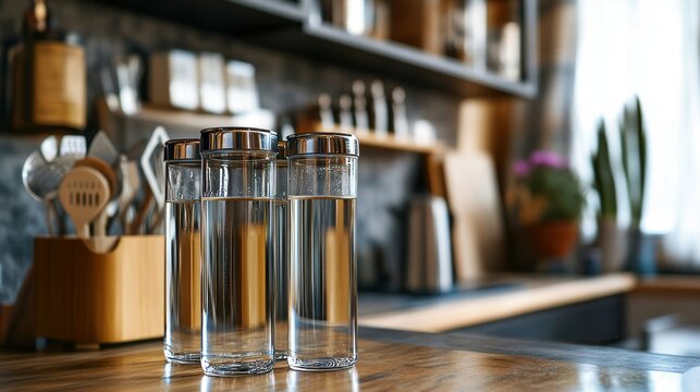 House water filtration system to drinkable condition. New clean water filter cartridge and glass of clear water. Used cartridge in rust and glass of dirty water on tabletop kitchen. World aqua day