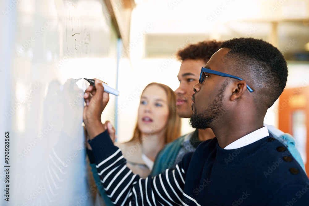 Poster school, whiteboard and teacher with student writing for math lesson, learning and tutoring. educatio