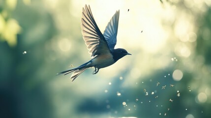 A Bird in Flight Against a Green and Blurred Background