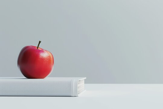 A vibrant red apple rests on a white book against a minimalist background, symbolizing knowledge and health.