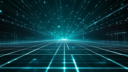 A futuristic digital landscape with glowing lines, light particles, and a grid, creating a sense of depth and motion.
