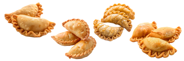 Traditional Indian gujiya sweets arranged in a festive pattern, isolated on a white background