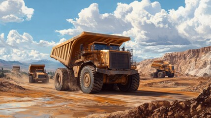 Obraz premium Mining Truck Hauling Ore. Dirt Road & Equipment in Action