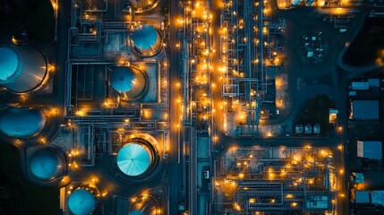 Fototapeta premium Oil refinery plant from industry zone: Aerial view tank oil and gas petrochemical industrial: Refinery factory oil storage tank and pipeline steel at night.