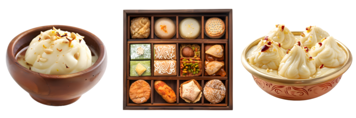 Assorted Indian sweets including creamy dessert in a wooden bowl, festive treat box, and shrikhand in a decorative dish, isolated on a white background png