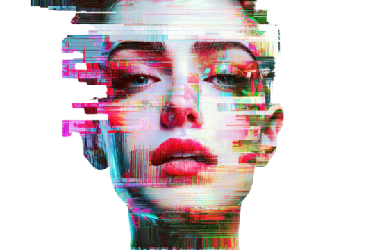 Digital glitch art of human face showcasing vibrant colors and abstract design, perfect for modern graphics or tech-themed projects. - Powered by Adobe