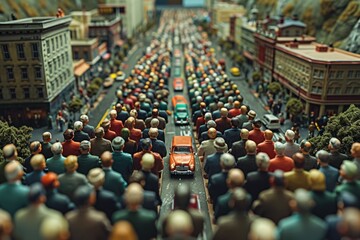  American politics with a detailed miniature depiction of campaign rallies. This image captures the essence of voting, polling, and debates, illustrating their impact on the economy 
