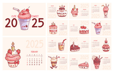 2025 Sweet calendar. Cute kawaii character milk shake, birthday cake, lemonade, cream dessert and cupcake. Vector English horizontal monthly printable planner 12 month pages and cover. Week Sunday