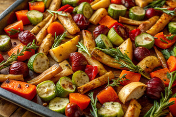 Close-up of Colorful Roasted Vegetables Including Zucchini, Carrots, and Potatoes on a Tray
