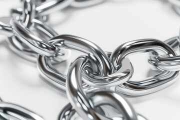 Fototapeta premium Close-up of a shiny metal chain displaying intricate loops and reflections, ideal for industrial or security themes.