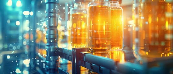Close-up of illuminated glass jars filled with liquid, showcasing modern industrial technology in a vibrant workshop environment.
