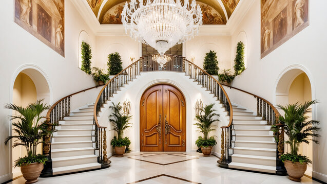 Grand foyer with double staircase, chandelier, and elegant interior design