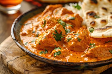 Delicious chicken curry served with naan bread, garnished with fresh cilantro. A perfect dish for spice lovers.