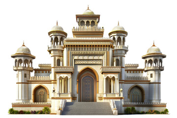 Obraz premium Elegant architectural design of an ancient palace with domes and intricate details, showcasing historical grandeur.