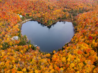 Aerial view of heart shape lake surrounded by autumn forest. Concept of earth day, love, environment, ecology. Baker Pond, Bolton-Est, Quebec, Canada.