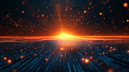 Fototapeta premium A stunning digital landscape featuring a bright sunset over a horizon filled with shimmering particles and flowing data.