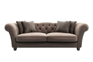 Elegant brown sofa with tufted backrest and soft cushions. Perfect for living room decor and comfortable seating in modern home interiors.