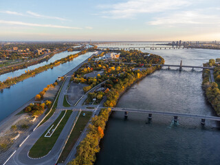Aerial view of Notre Dame Island Circuit Gilles Villeneuve in autumn sunset time. Montreal, Quebec, Canada.