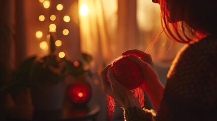 A warm evening glow as a person holds a red ornament near a window decorated with lights.