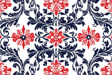 Elegant floral pattern in red and navy blue hues. Ideal for textiles, wallpapers, and home decor accents.