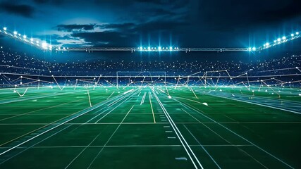 A brightly lit football stadium at night features a digital overlay showcasing technological advancements. The futuristic design creates an innovative and vibrant mood, reflecting modern sports tech.