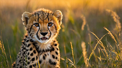 Cheetah cub closeup playing in tall grass with a distant sunset