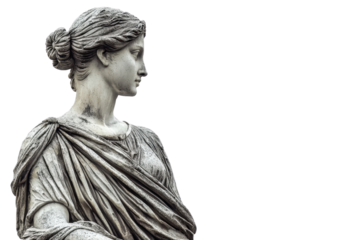 Elegant marble statue of a woman in classical attire, isolated on a transparent background. Perfect for historical, artistic, or educational projects.