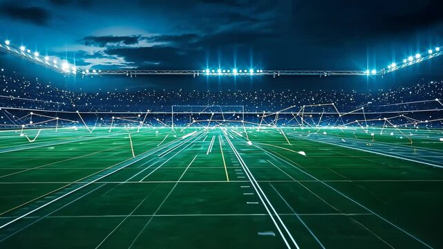 A brightly lit football stadium at night features a digital overlay showcasing technological advancements. The futuristic design creates an innovative and vibrant mood, reflecting modern sports tech.