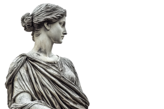 Elegant marble statue of a woman in classical attire, isolated on a transparent background. Perfect for historical, artistic, or educational projects.