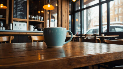 Fototapeta premium Coffee mug on a wooden table in a cozy cafe