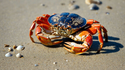 Crab closeup scuttling across a sandy beach with seashells scattered