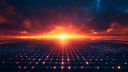 Obraz premium A stunning digital landscape showcasing vibrant light beams and a glowing horizon, evoking a sense of futuristic tranquility.