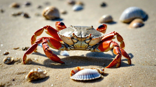 Crab closeup scuttling across a sandy beach with seashells scattered