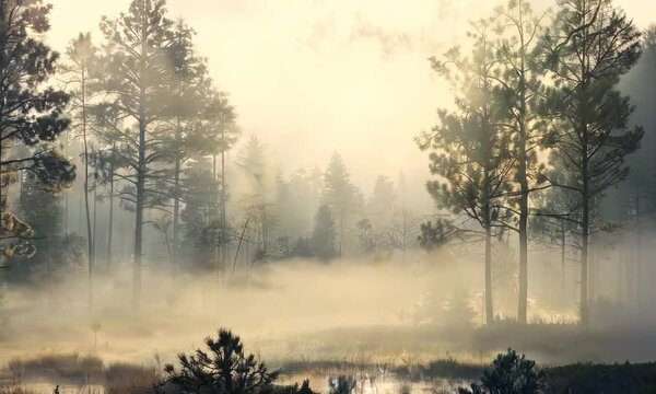 Misty morning in a pine forest, Video