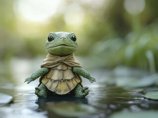 Obraz premium A whimsical turtle costume set against a fantastical lagoon backdrop, beautifully illustrated in three dimensions, invites imagination and wonder.