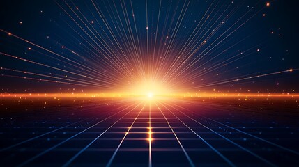 Obraz premium A stunning retro sci-fi landscape featuring vibrant sun rays emerging from the horizon, creating a mesmerizing visual experience.