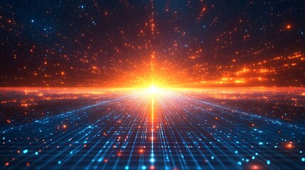 A stunning visual of radiant light beams emerging from a digital grid, representing energy and cosmic motion in a surreal landscape.