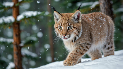 Fototapeta premium Lynx kitten closeup playing in a snowy forest with pine trees around