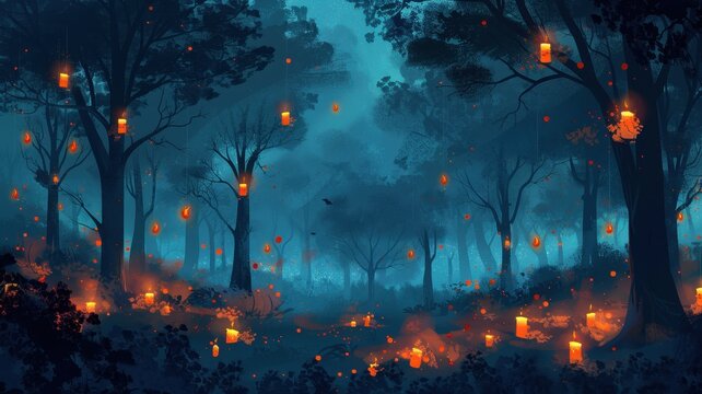 Enchanted forest with floating candles and mist, mystical Halloween, flat design illustration.