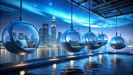 Sleeping pods suspended in mid-air, illuminated by soft blue hues, gently swaying to emulate a calming ocean current, futuristic cityscape in the background.