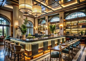 Naklejka premium Savor contemporary American flavors amidst the glamour of art deco, complete with a lively bar and upscale patio seating for a sophisticated night out.