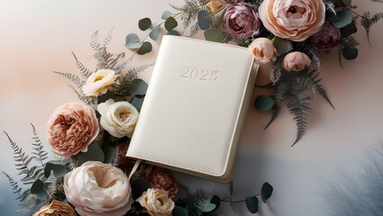 2025 cream-colored planner surrounded by elegant floral arrangement