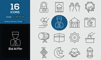 Eid Al Fitr set of outline icons related to analysis, infographic, analytics. Editable stroke. Vector illustration. 