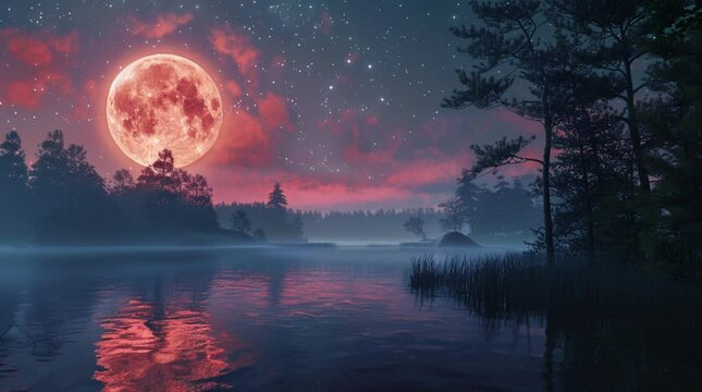 Lake reflecting the glowing moon in the sky at night, enchanting and tranquil natural scene.
 Seamless looping 4k time-lapse virtual video animation Generated AI