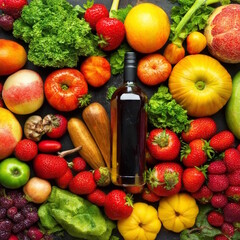 Elegant Display of Healthy Fruits, Vegetables, and Unlabeled Olive Oil