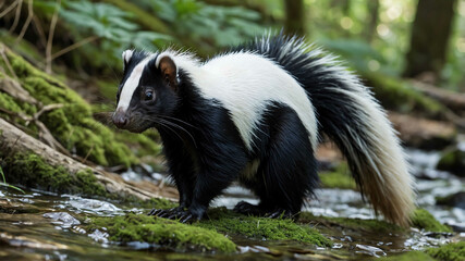 Fototapeta premium Skunk closeup wandering through a dense forest with a stream in the background